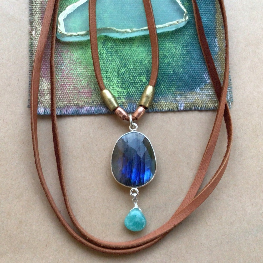Natural Labradorite silver bezel Amazonite leather cord Sundance Charm Necklace